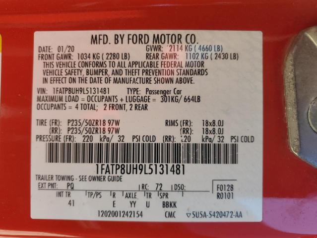 1FATP8UH9L5131481 - 2020 FORD MUSTANG RED photo 12