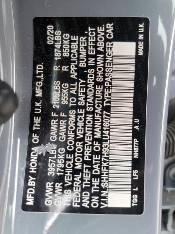 SHHFK7H93LU416077 - 2020 HONDA CIVIC SPORT TOURING BLUE photo 12