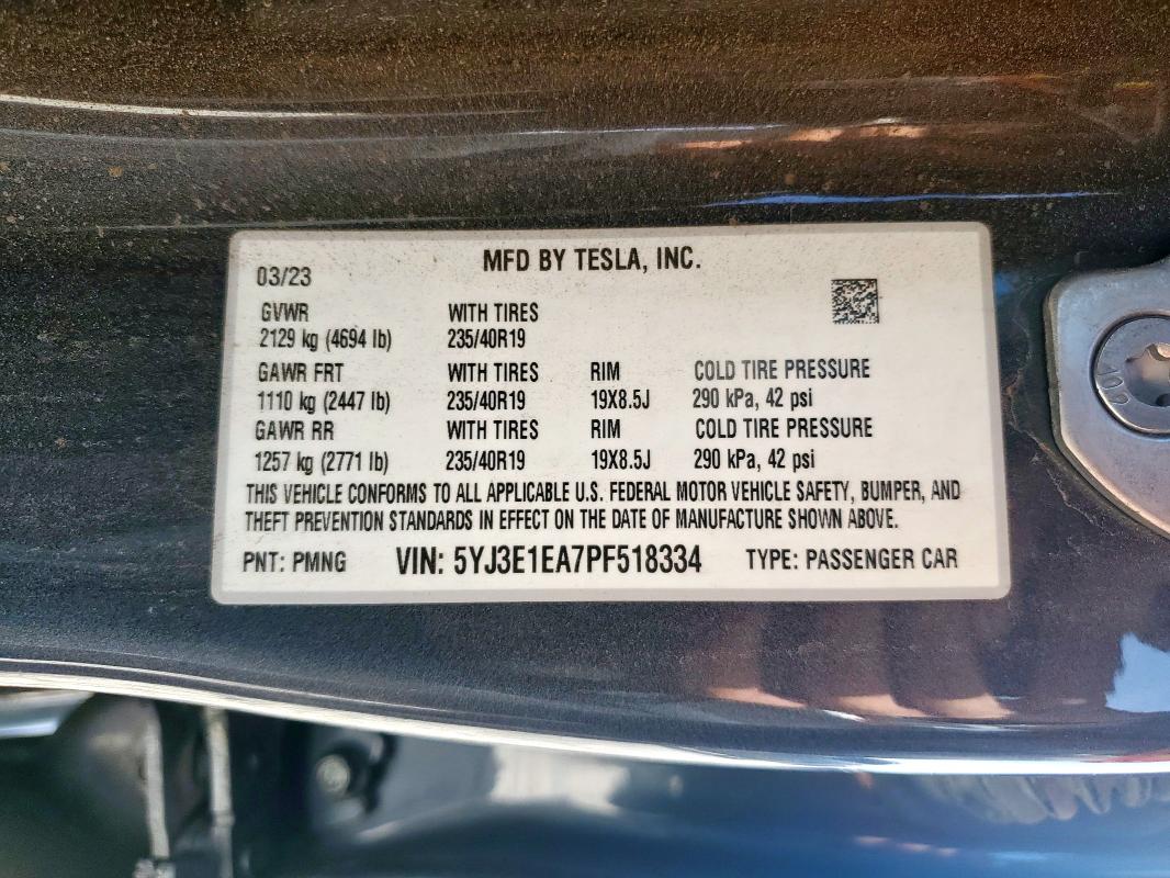 5YJ3E1EA7PF518334 - 2023 TESLA MODEL 3 石墨色 照片 13