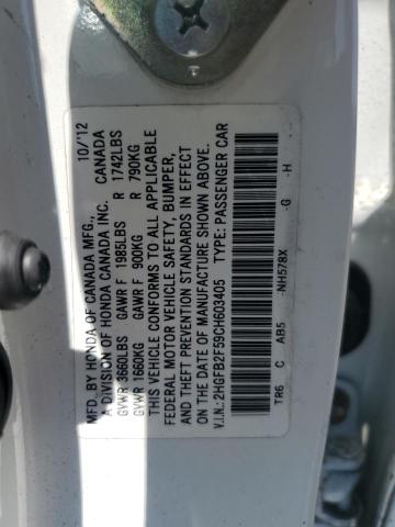 2HGFB2F59CH603405 - 2012 HONDA CIVIC LX WHITE photo 12