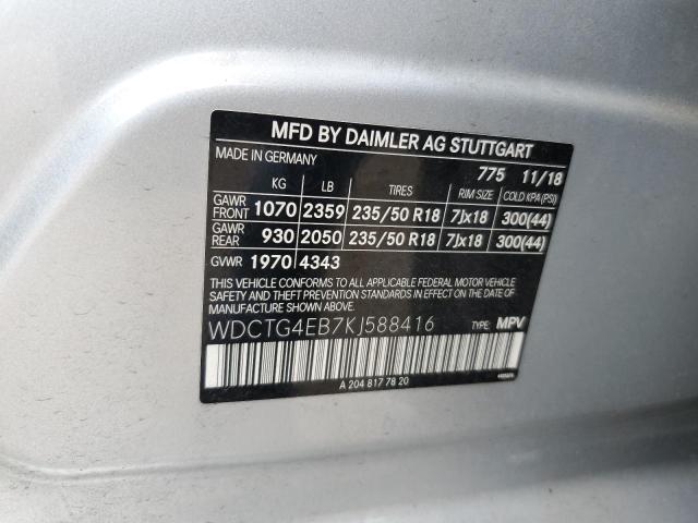 WDCTG4EB7KJ588416 - 2019 MERCEDES-BENZ GLA 250 فضي صورة 13