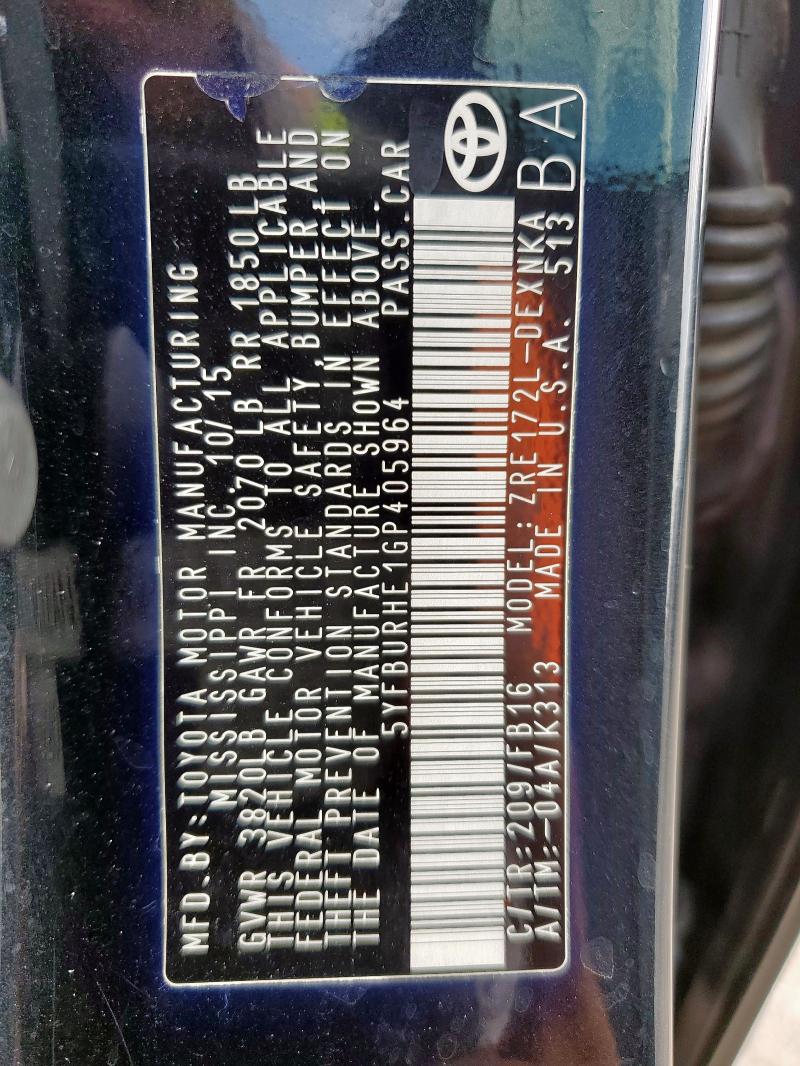 5YFBURHE1GP405964 - 2016 TOYOTA COROLLA L BLACK photo 12