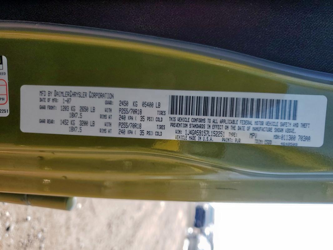 1J4GA59157L152251 - 2007 JEEP WRANGLER SAHARA მწვანე ფოტო 12