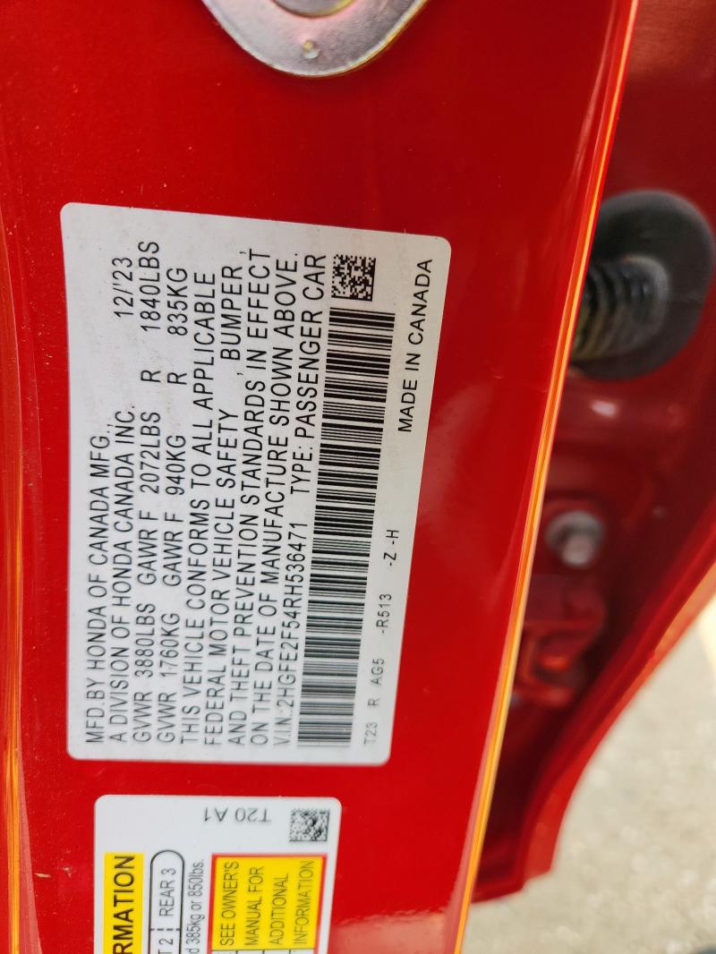 2HGFE2F54RH536471 - 2024 HONDA CIVIC SPORT 红色 照片 12