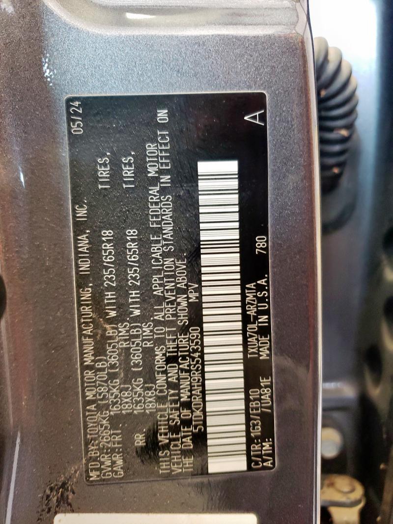 5TDKDRAH9RS543590 - 2024 TOYOTA HIGHLANDER LE فحمي صورة 12