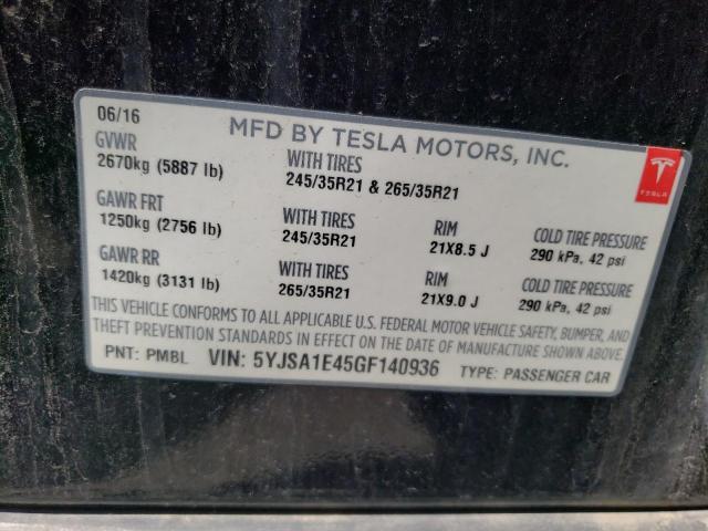 5YJSA1E45GF140936 - 2016 TESLA MODEL S შავი ფოტო 12