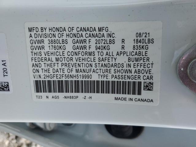 2HGFE2F56NH519990 - 2022 HONDA CIVIC SPORT თეთრი ფოტო 12