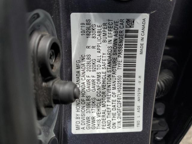 2HGFC2F87LH502550 - 2020 HONDA CIVIC SPORT ნაცრისფერი ფოტო 12