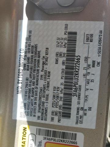 3FA6P0LU2KR222665 - 2019 FORD FUSION SE Qəhvəyi foto 12