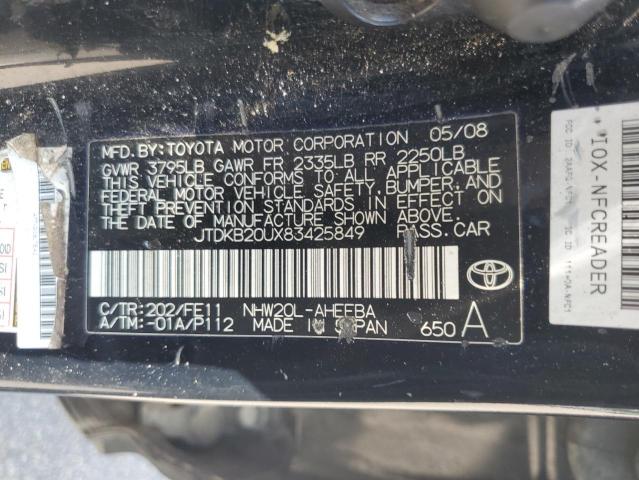 JTDKB20UX83425849 - 2008 TOYOTA PRIUS შავი ფოტო 12