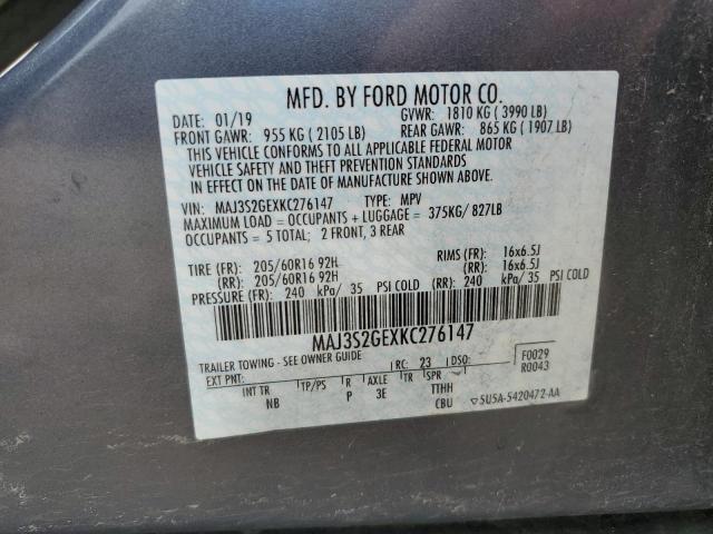 MAJ3S2GEXKC276147 - 2019 FORD ECOSPORT SE ნაცრისფერი ფოტო 12