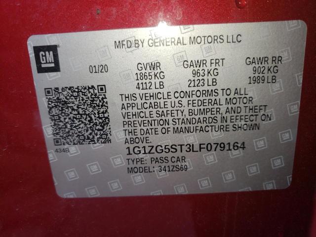 1G1ZG5ST3LF079164 - 2020 CHEVROLET MALIBU RS Կարմիր լուսանկար 10