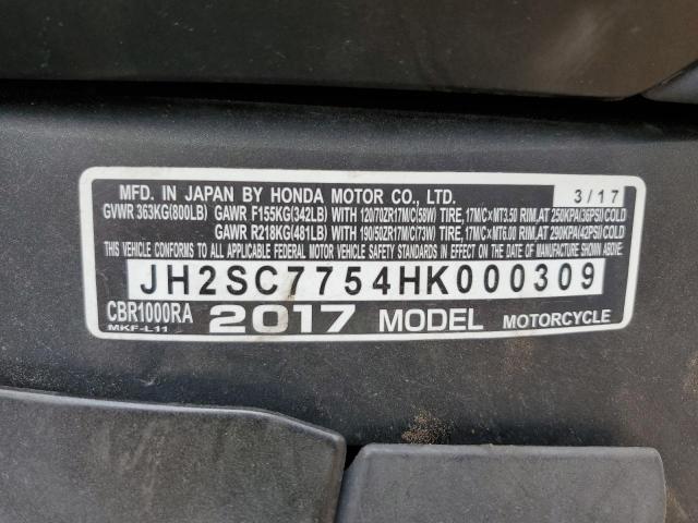 JH2SC7754HK000309 - 2017 HONDA CBR1000 RA BLACK photo 10