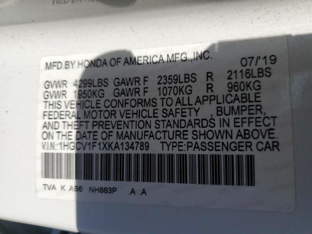 1HGCV1F1XKA134789 - 2019 HONDA ACCORD LX WHITE photo 13