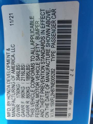 19XFL2H87NE005282 - 2022 HONDA CIVIC SPORT BLUE photo 13