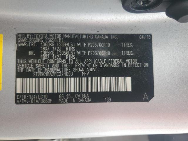 2T2BK1BA2FC321093 - 2015 LEXUS RX 350 BASE SILVER photo 13