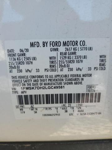 1FMSK7DH2LGC49581 - 2020 FORD EXPLORER XLT WHITE photo 13
