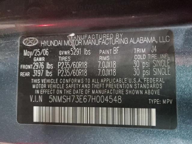 5NMSH73E67H004548 - 2007 HYUNDAI SANTA FE SE BLUE photo 13