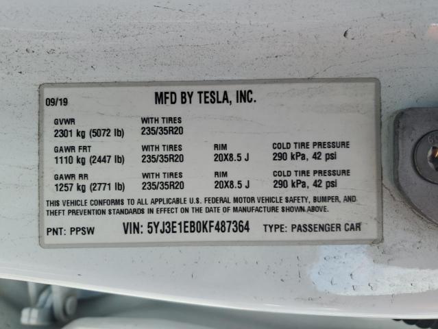 5YJ3E1EB0KF487364 - 2019 TESLA MODEL 3 თეთრი ფოტო 12