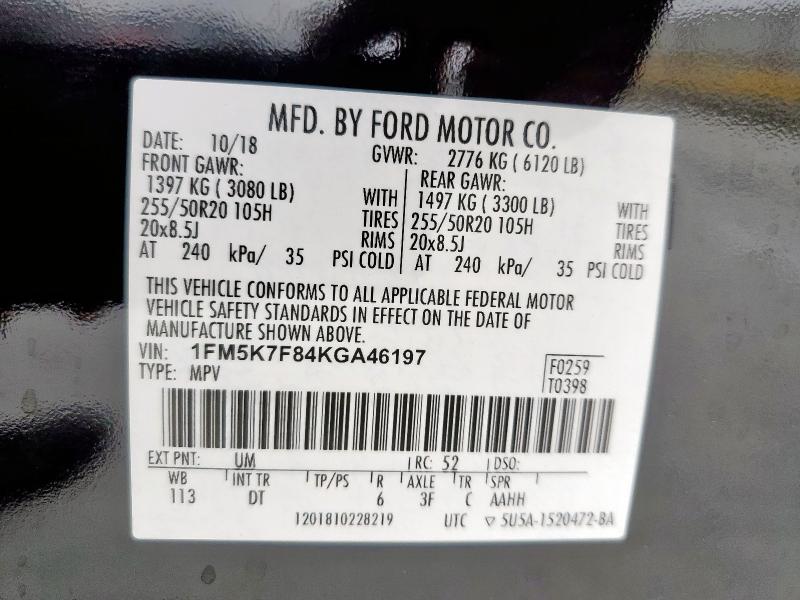1FM5K7F84KGA46197 - 2019 FORD EXPLORER LIMITED Qara foto 14