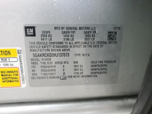 5GAKRCKD0HJ137673 - 2017 BUICK ENCLAVE SILVER photo 12