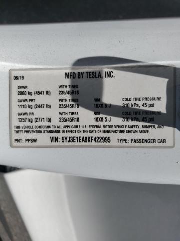5YJ3E1EA8KF422995 - 2019 TESLA MODEL 3 Սպիտակ լուսանկար 12