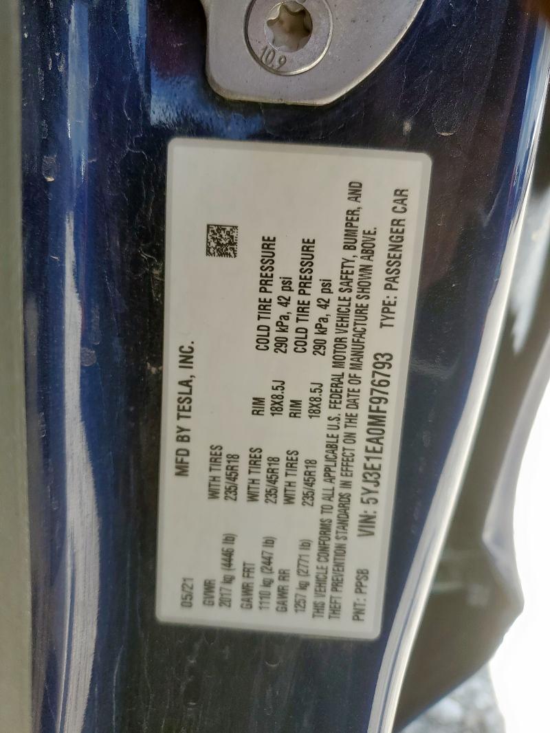 5YJ3E1EA0MF976793 - 2021 TESLA MODEL 3 ლურჯი ფოტო 12