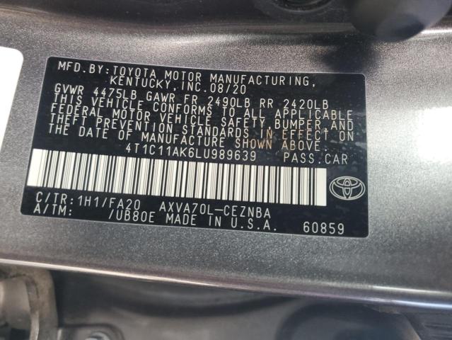 4T1C11AK6LU989639 - 2020 TOYOTA CAMRY LE GRAY photo 12