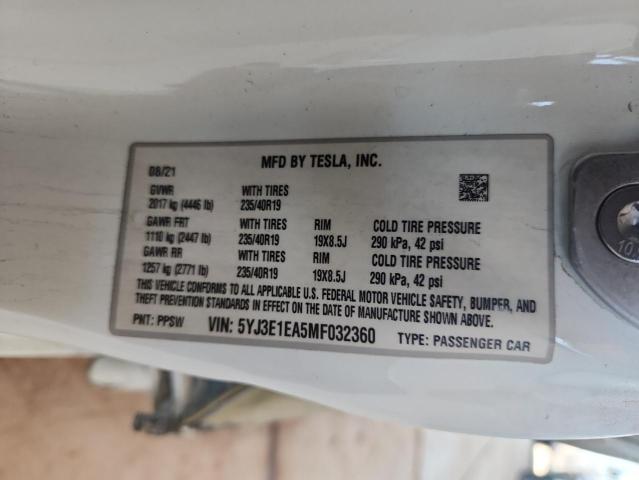 5YJ3E1EA5MF032360 - 2021 TESLA MODEL 3 白色 照片 12