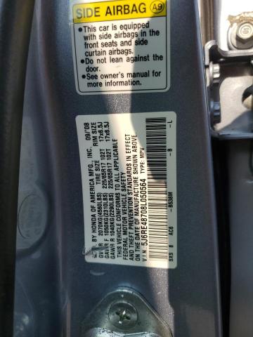 5J6RE48708L050564 - 2008 HONDA CR-V EXL BLUE photo 12