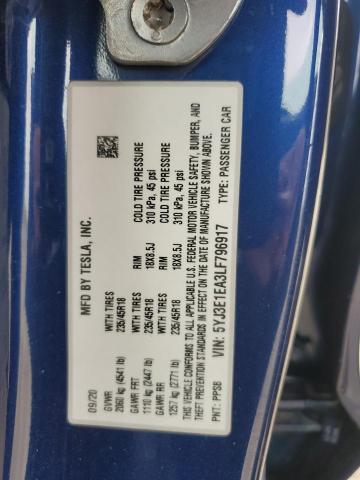5YJ3E1EA3LF796917 - 2020 TESLA MODEL 3 BLUE photo 13