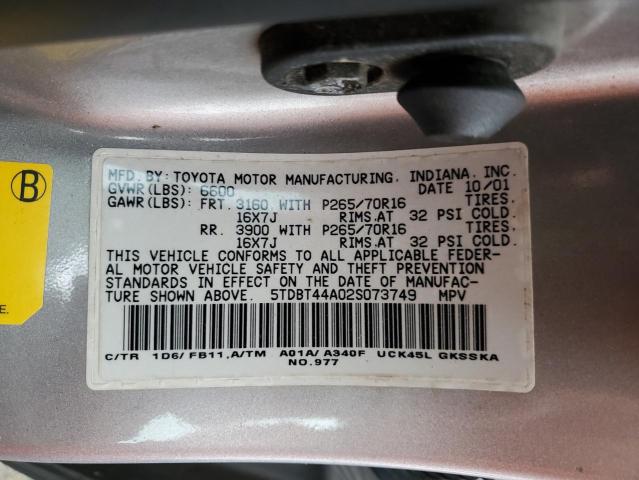 5TDBT44A02S073749 - 2002 TOYOTA SEQUOIA SR5 SILVER photo 13