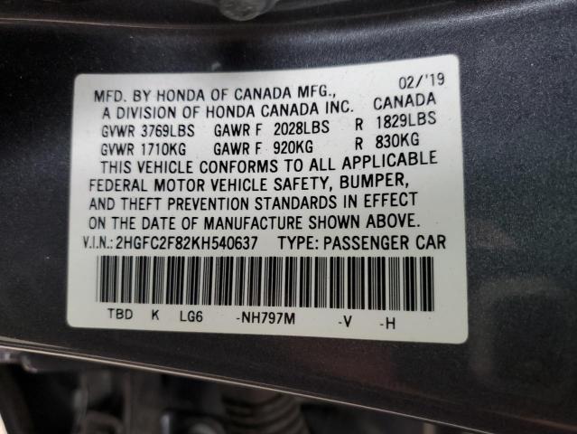 2HGFC2F82KH540637 - 2019 HONDA CIVIC SPORT GRAY photo 12