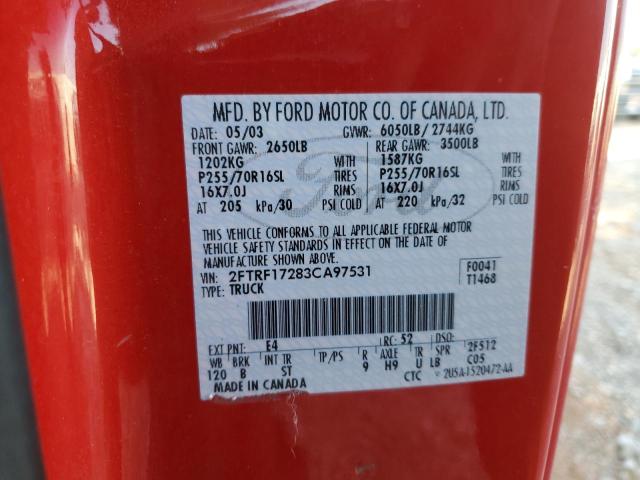 2FTRF17283CA97531 - 2003 FORD F150 RED photo 12