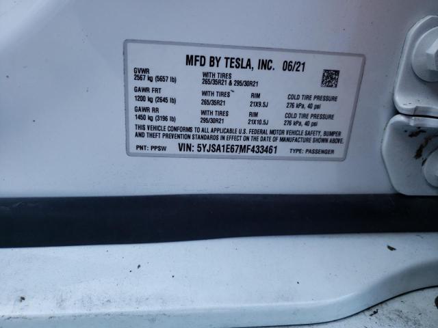 5YJSA1E67MF433461 - 2021 TESLA MODEL S Սպիտակ լուսանկար 12