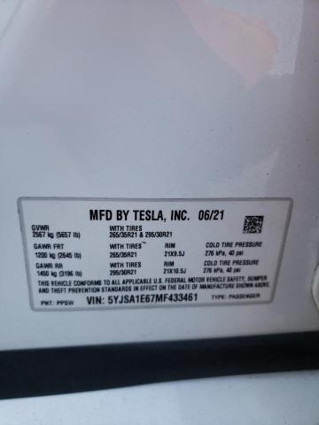 5YJSA1E67MF433461 - 2021 TESLA MODEL S Սպիտակ լուսանկար 13