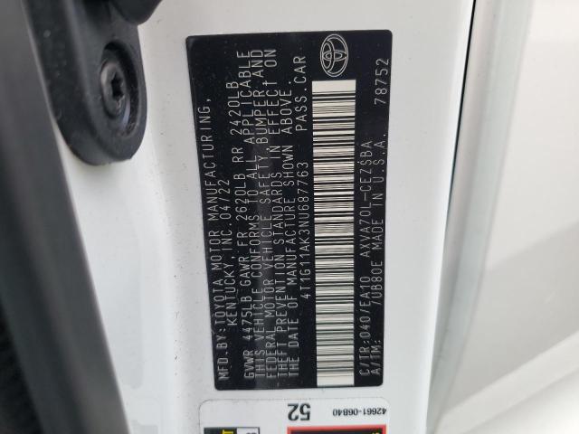 4T1G11AK3NU687763 - 2022 TOYOTA CAMRY SE 白色 照片 12
