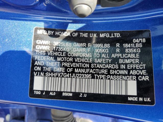 SHHFK7G41JU223395 - 2018 HONDA CIVIC SPORT 蓝色 照片 12