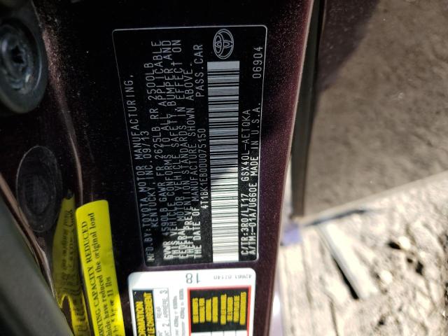 4T1BK1EB0DU075150 - 2013 TOYOTA AVALON BASE 勃艮第红 照片 12