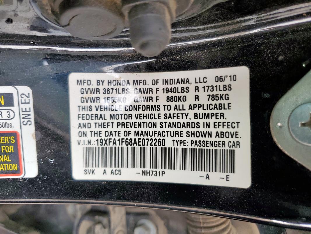 19XFA1F68AE072260 - 2010 HONDA CIVIC LX-S Siyah fotoğraf 12