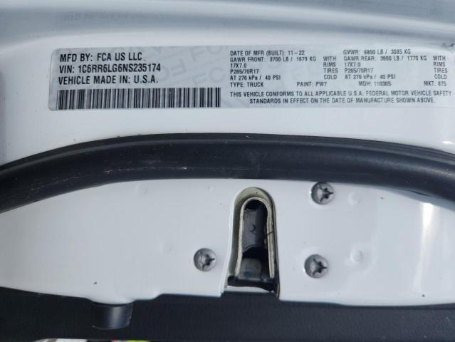 1C6RR6LG6NS235174 - 2022 RAM 1500 CLASS SLT თეთრი ფოტო 12