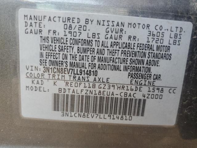 3N1CN8EV7LL914810 - 2020 NISSAN VERSA SV GRAY photo 12