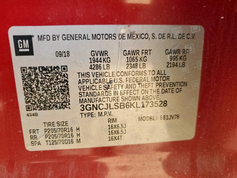 3GNCJLSB6KL173528 - 2019 CHEVROLET TRAX 1LT 红色 照片 12