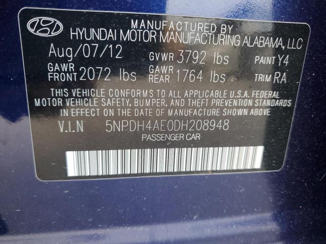 5NPDH4AE0DH208948 - 2013 HYUNDAI ELANTRA GLS BLUE photo 12