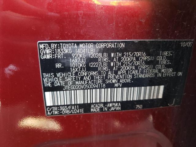 JTEGD20V050094118 - 2005 TOYOTA RAV4 RED photo 12