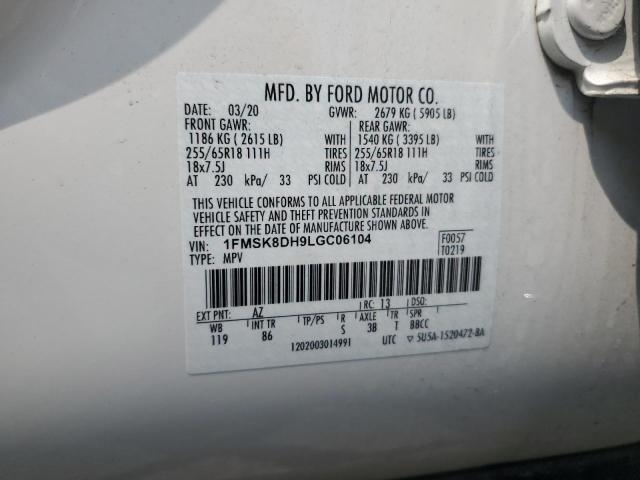 1FMSK8DH9LGC06104 - 2020 FORD EXPLORER XLT WHITE photo 13