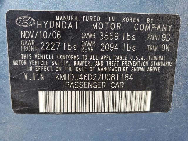 KMHDU46D27U081184 - 2007 HYUNDAI ELANTRA GLS BLUE photo 12