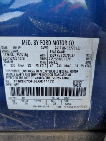 1FMSK7DH8LGB11172 - 2020 FORD EXPLORER XLT ლურჯი ფოტო 13