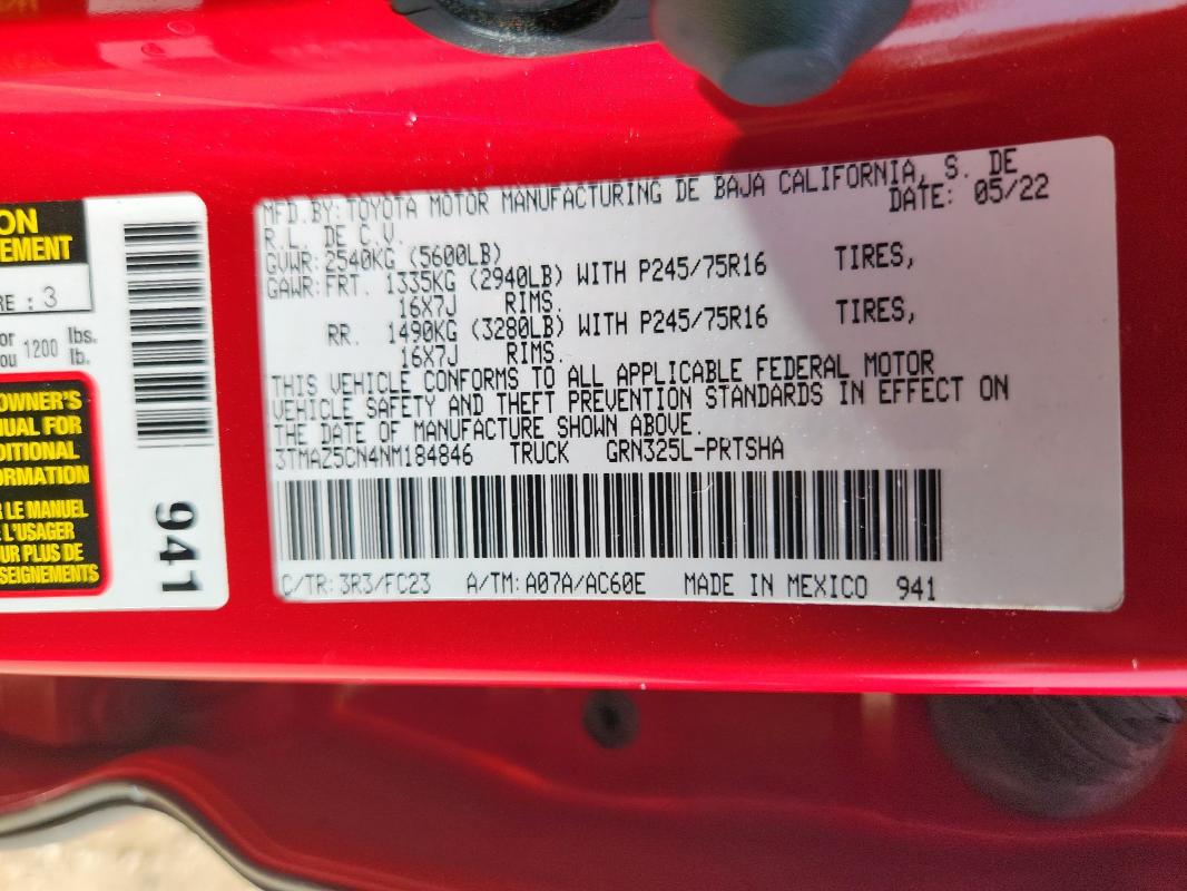 3TMAZ5CN4NM184846 - 2022 TOYOTA TACOMA DOUBLE CAB RED photo 12