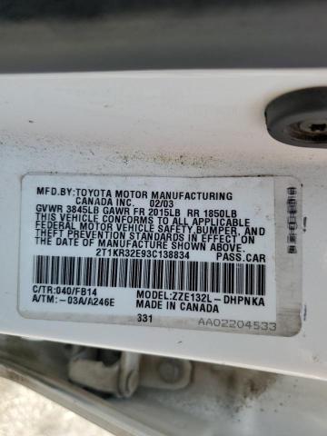 2T1KR32E93C138834 - 2003 TOYOTA COROLLA MA XR WHITE photo 12